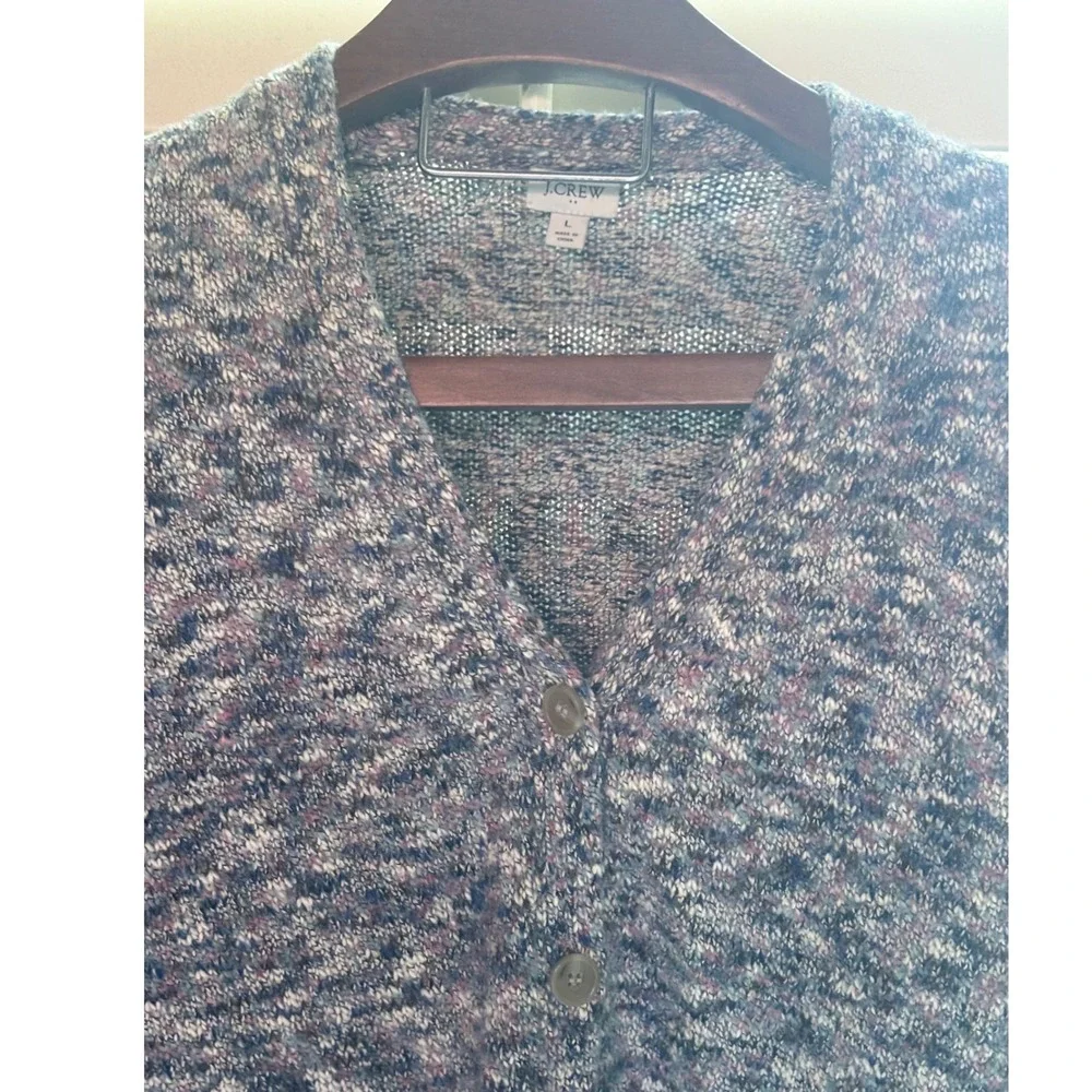 J.Crew Space Dye Cardigan Sweater Blue Purple Marled Knit V-Neck Womens Large - Picture 3 of 10